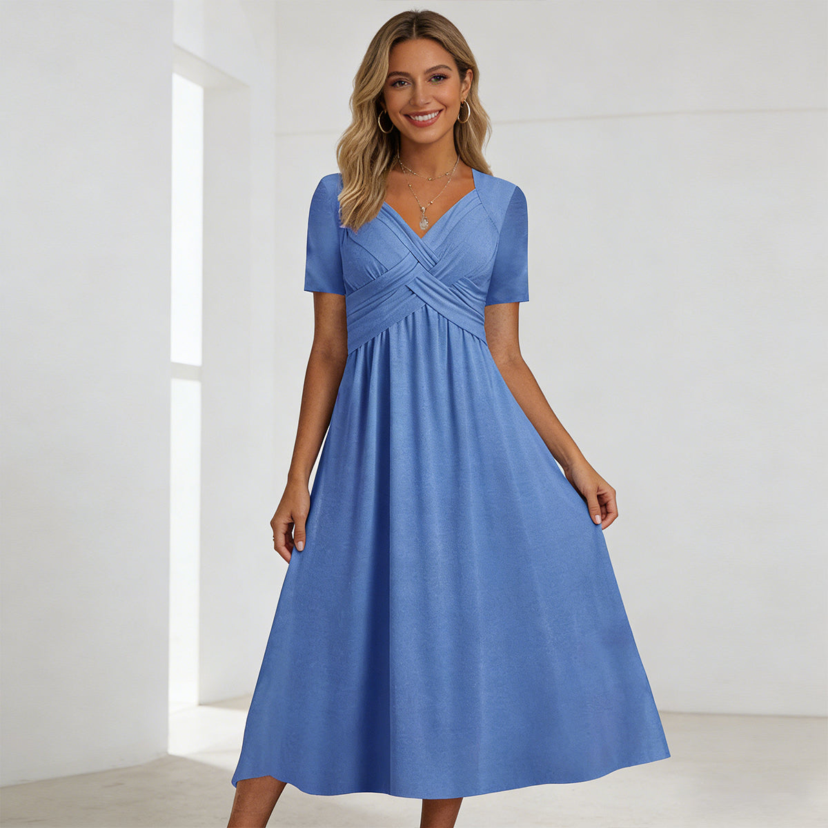 【S-3XL】2026 Vestido casual midi de color sólido Nuevo vestido suelto de manga corta de verano
