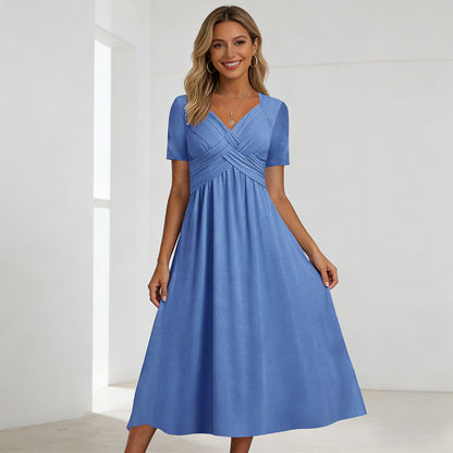 【S-3XL】2026 Vestido casual midi de color sólido Nuevo vestido suelto de manga corta de verano