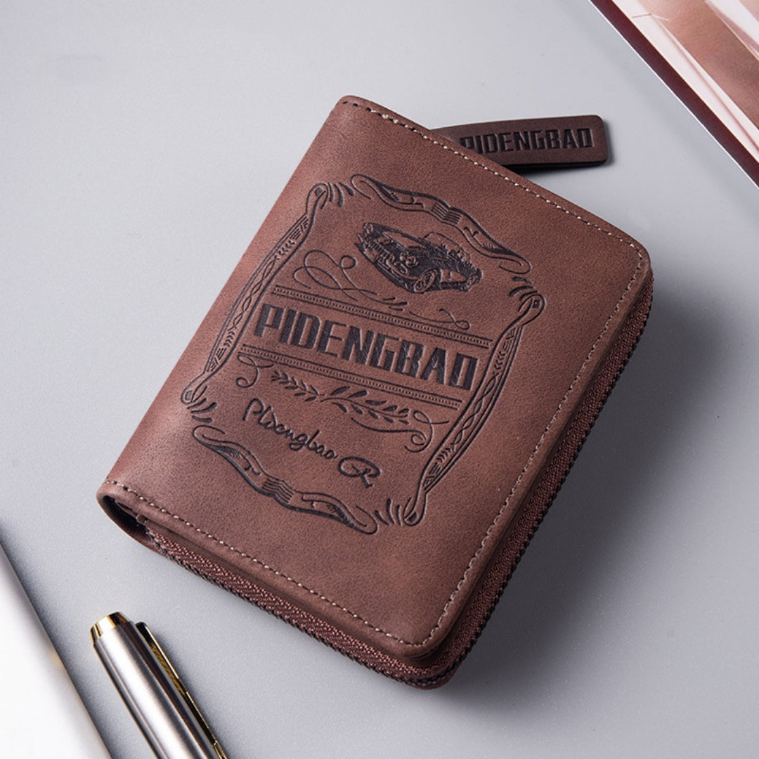 【Disponible en 4 colores】 Cartera de hombre de cuero genuino estilo retro, hecha a mano, con cremallera y ranura para varias tarjetas.