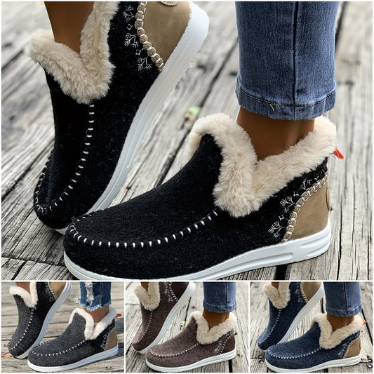 【36-43】Botas cortas de color sólido para mujer, botas casuales con forro de felpa, botas cómodas de invierno-3856043