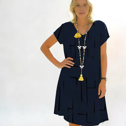 Vestido estampado de lino y algodón con cuello en V, color oro puro, 2026 - Oferta