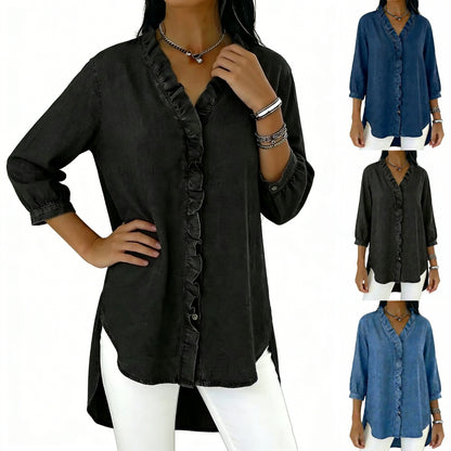 【40-100kg】Camisa vaquera informal para mujer con cuello en V y volantes
