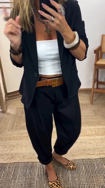 Conjunto de chaqueta y pantalón con solapa para mujer – Ajuste entallado, tela suave 【40-100kg】