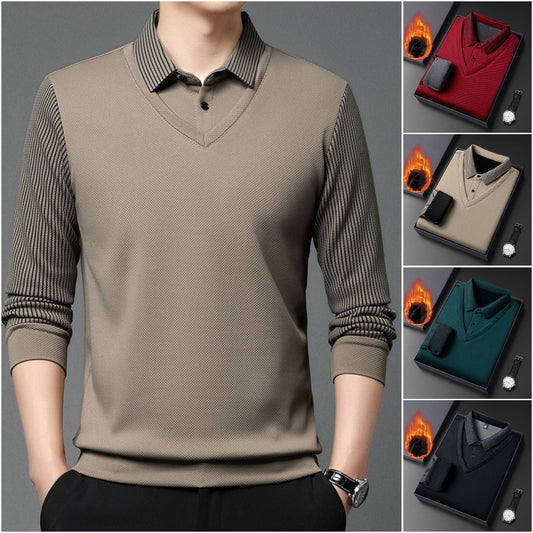 【M-4XL】Camisa POLO de dos piezas con retazos falsos a rayas_3856571