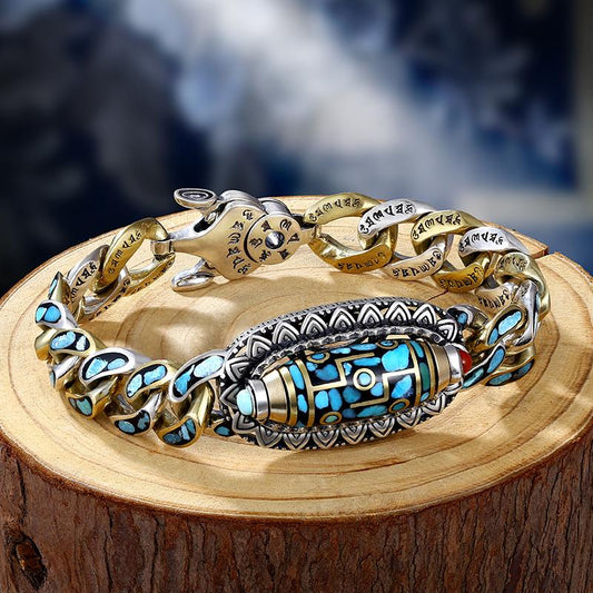 Pulsera de plata 925, mantra de seis caracteres turquesa vintage con cuentas de transferencia_3853901