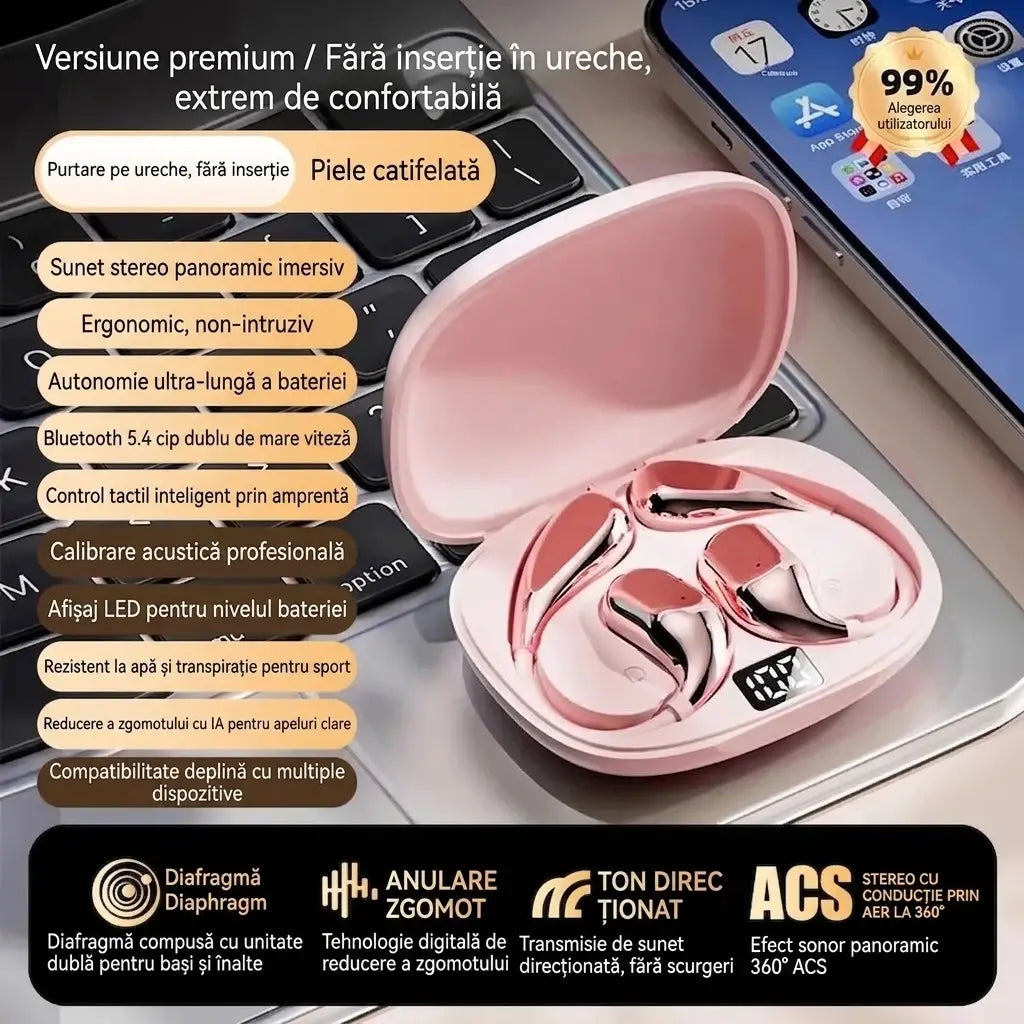 🔋 Căști wireless Bluetooth fără dopuri intraauriculare, cu cârlig pentru ureche și tehnologie de conducție osoasă 🎙️🎧