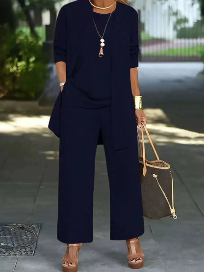 Elegante conjunto de tres piezas para mujer, de corte holgado, confeccionado a mano en tela de gasa.