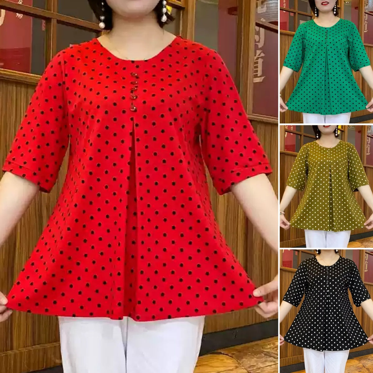 Camisa de manga corta con estampado de lunares de nuevo estilo,Cubre la barriga y te hace lucir delgada,Tela cómoda que no se decolora