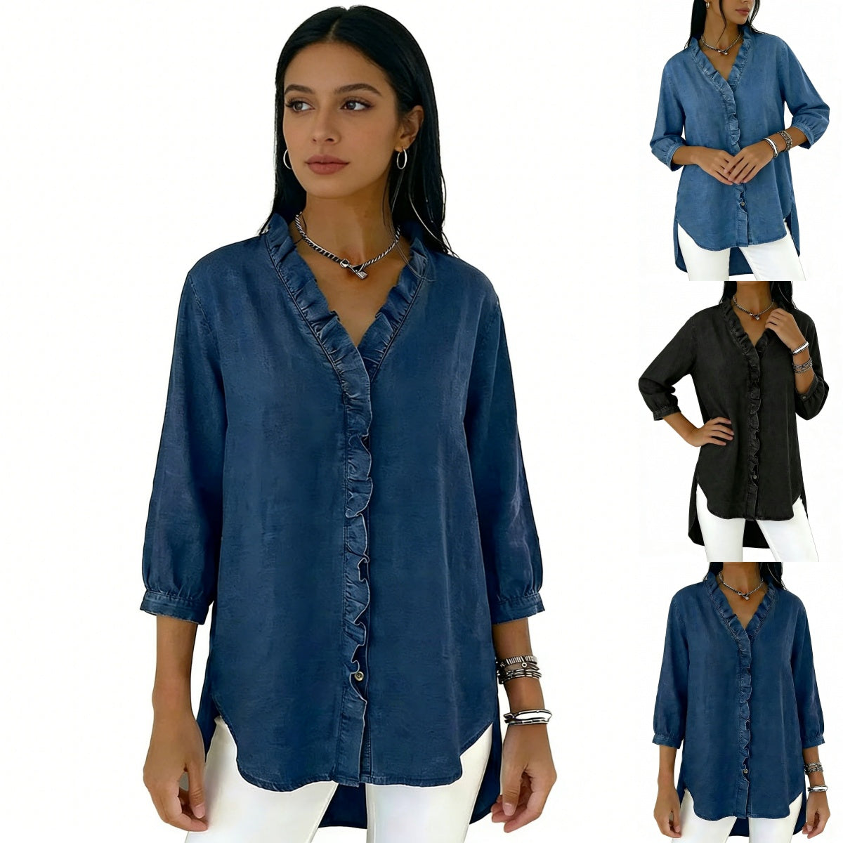 【40-100kg】Camisa vaquera informal para mujer con cuello en V y volantes