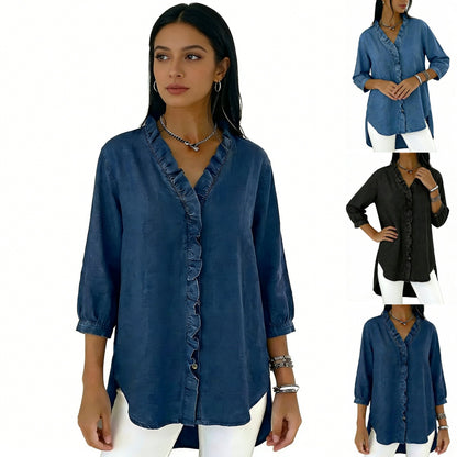 【40-100kg】Camisa vaquera informal para mujer con cuello en V y volantes