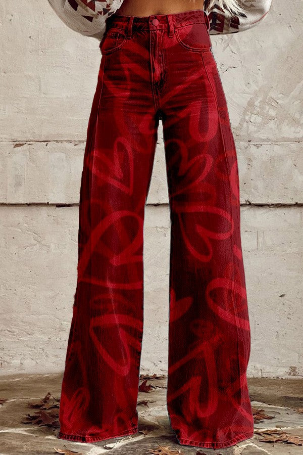 Pantalones vaqueros azules de talle alto y pierna ancha con costuras de encaje [40 kg-120 kg]