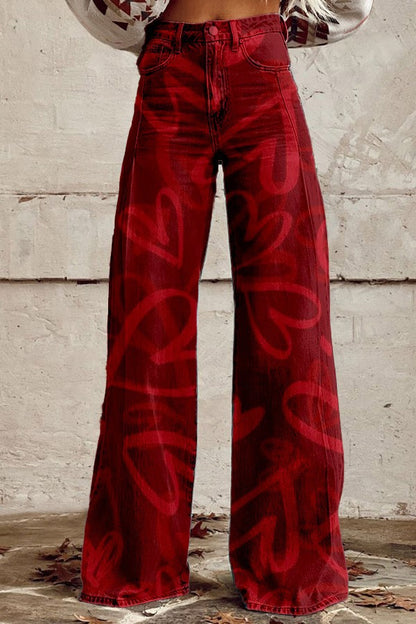 Pantalones vaqueros azules de talle alto y pierna ancha con costuras de encaje [40 kg-120 kg]
