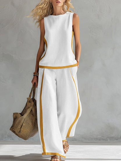 【Descuento】¡Nueva llegada de verano! 2026 Nuevo conjunto moderno de dos piezas para mujer: top sin mangas con detalles en contraste y pantalones de pierna ancha - Estilo veraniego, casual y chic.