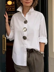 【Oferta por tiempo limitado】【Novedad 2026】Elegante y con estilo, Camisa de mujer de algodón y lino, cuello mao, botones metálicos