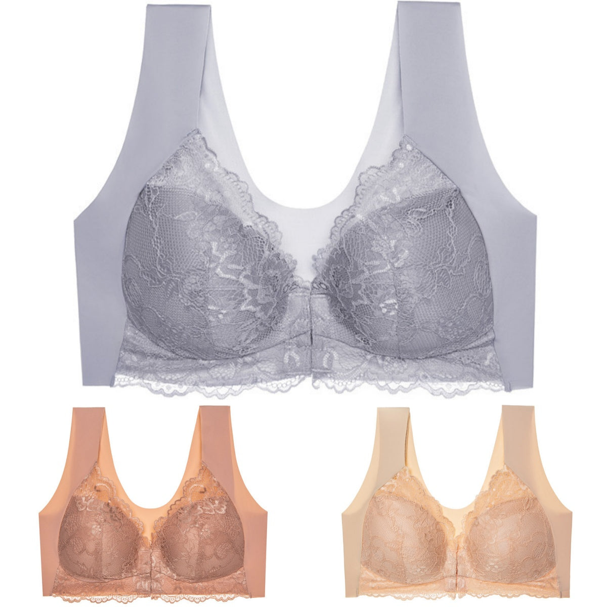 【3 piezas】Sujetador de talla grande con hebilla frontal, sexy, sin aro de acero, ropa interior con espalda hermosa