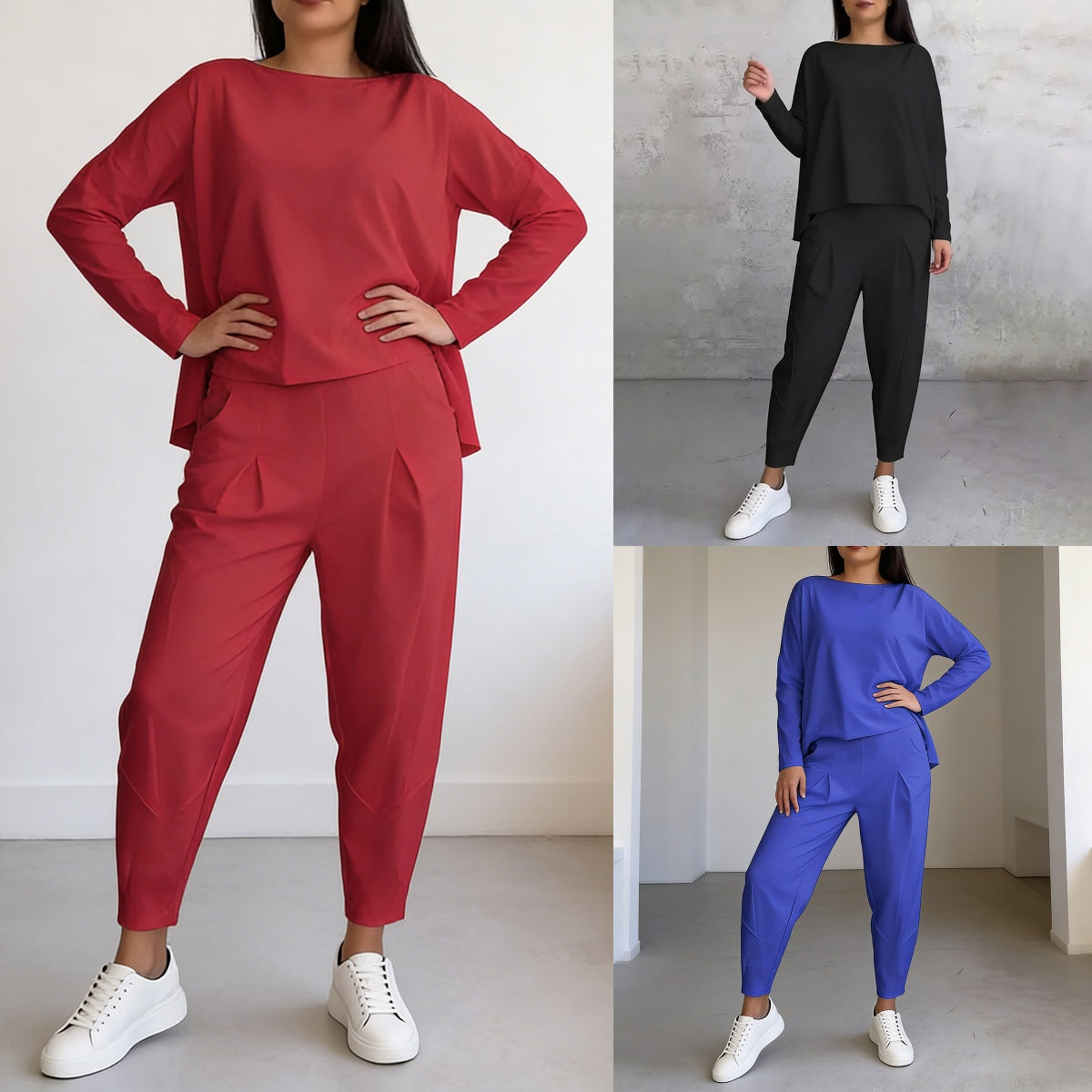 【Descuento】Conjunto de manga larga con blusa de cuello redondo y pantalón largo