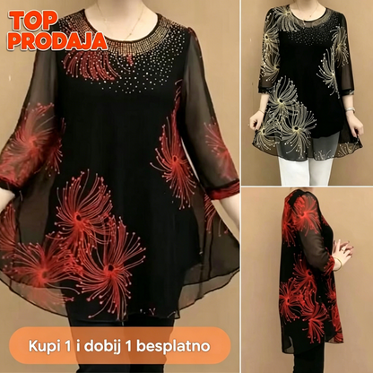 ✨️【S-5XL】Novinka na jeseň, módny top s potlačou zo sieťoviny s okrúhlym výstrihom