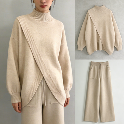 ¡Nueva llegada! Conjunto de dos piezas para mujer: jersey asimétrico + pantalones anchos. Corte holgado, tejido suave y ultra cómodo 👚 Envío gratis ✨