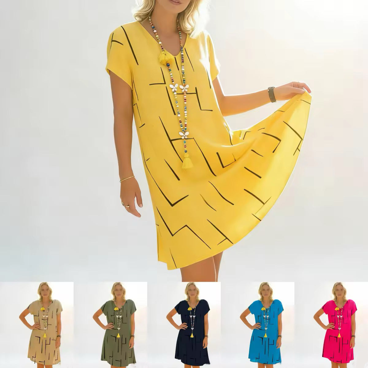 Vestido estampado de lino y algodón con cuello en V, color oro puro, 2026 - Oferta