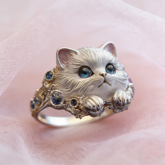 sencillo y elegante anillo de gatito de plata 925 con diamantes.