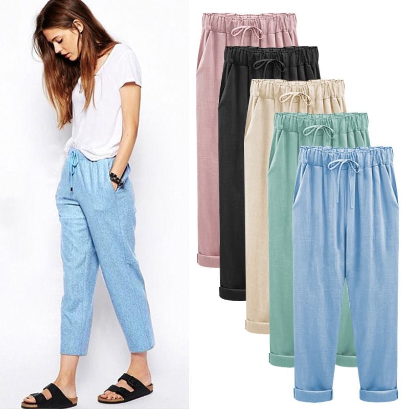 Pantalones casuales de algodón y lino para mujer