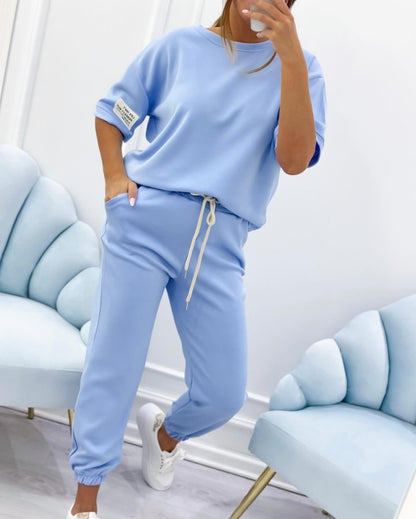 Conjunto casual de top y pantalones lisos para mujer (S-5XL)