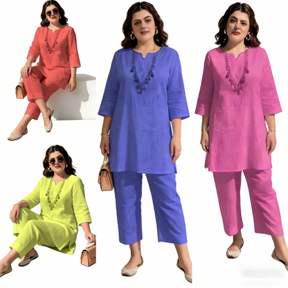 【40-100kg】Verano nueva moda color sólido temperamento viaje estilo étnico ropa de manga larga traje de dos piezas
