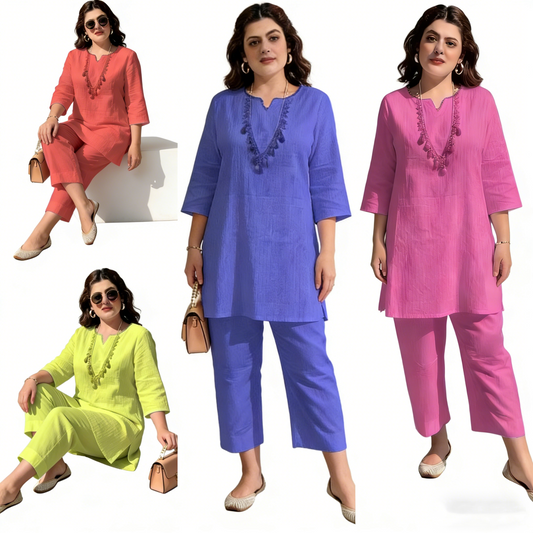 【40-100kg】Verano nueva moda color sólido temperamento viaje estilo étnico ropa de manga larga traje de dos piezas