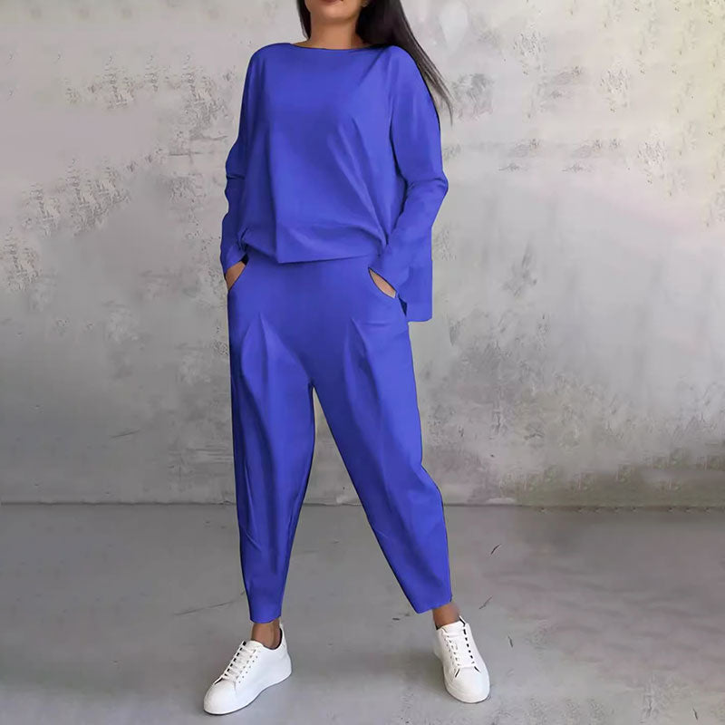【Descuento】Conjunto de manga larga con blusa de cuello redondo y pantalón largo