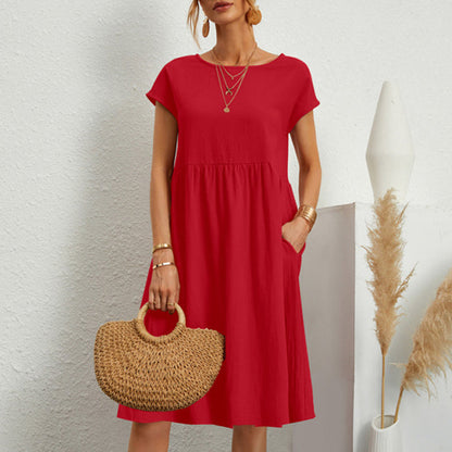 【Oferta de cambio de temporada】【S-5XL】Vestido de mujer 2026 de algodón y lino, con cuello redondo y corte cómodo