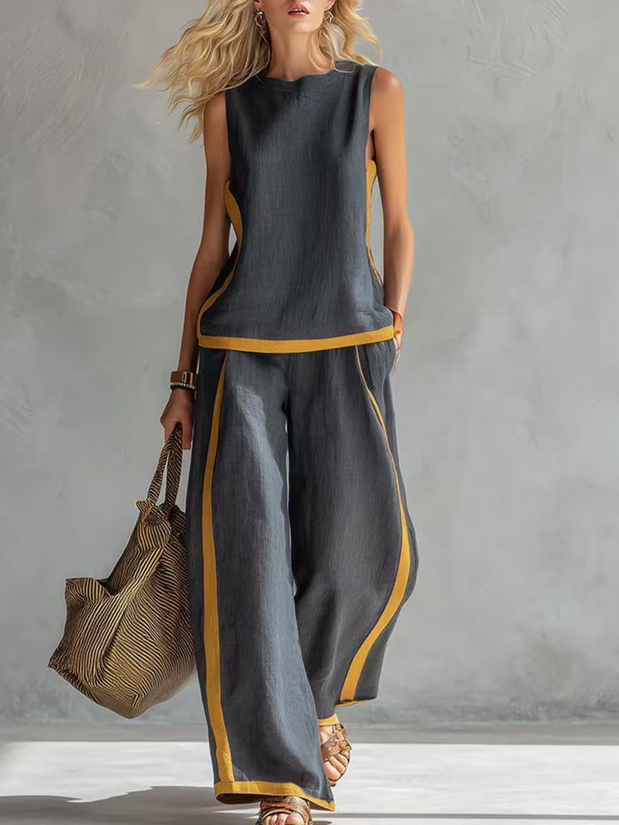 【Descuento】¡Nueva llegada de verano! 2026 Nuevo conjunto moderno de dos piezas para mujer: top sin mangas con detalles en contraste y pantalones de pierna ancha - Estilo veraniego, casual y chic.