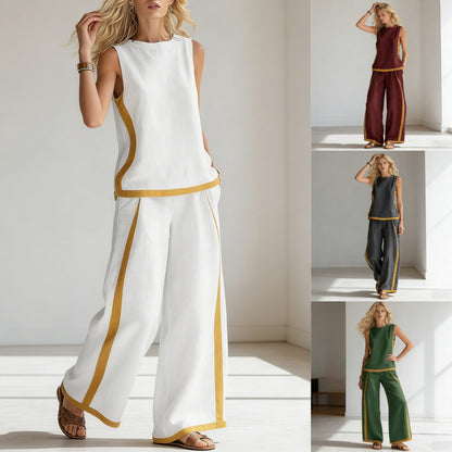 【Descuento】¡Nueva llegada de verano! 2026 Nuevo conjunto moderno de dos piezas para mujer: top sin mangas con detalles en contraste y pantalones de pierna ancha - Estilo veraniego, casual y chic.