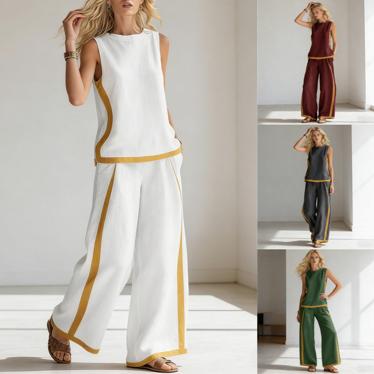 2026 Nuevo conjunto moderno de dos piezas para mujer: top sin mangas con detalles en contraste y pantalones de pierna ancha - Estilo veraniego, casual y chic.