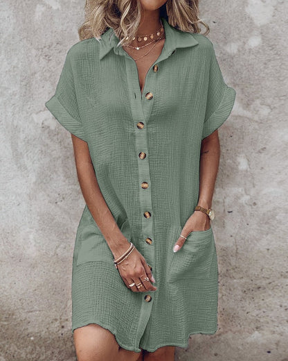 【S-2XL】2026 Vestido suelto de lino y algodón de manga corta y largo medio con botones