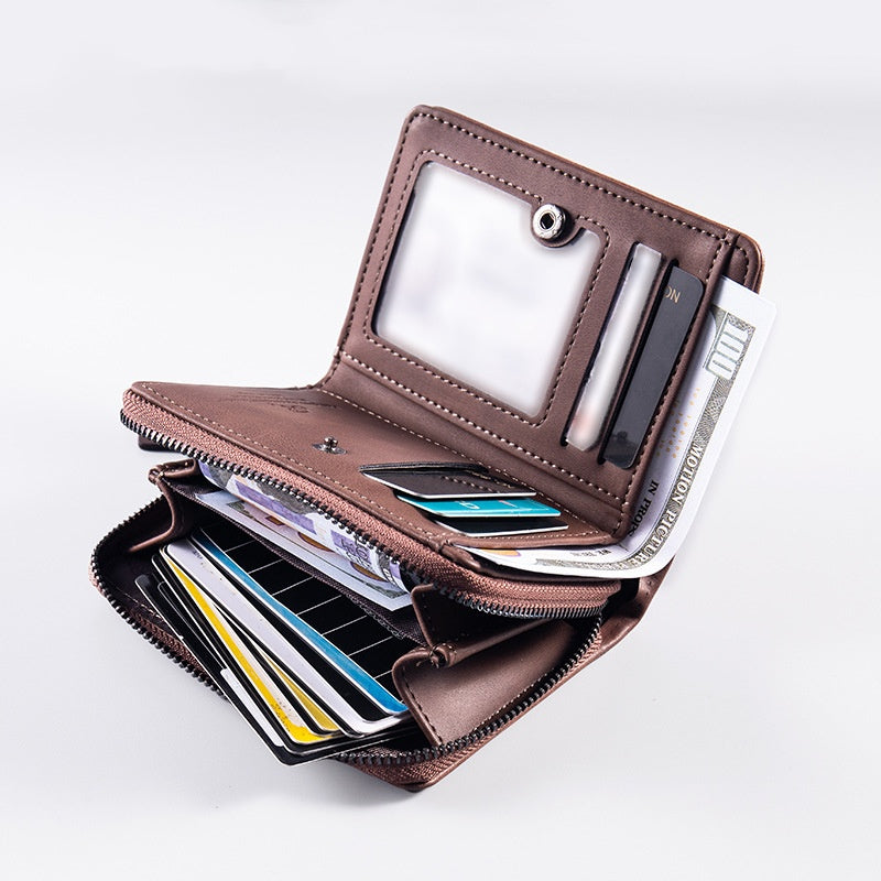 【Disponible en 4 colores】 Cartera de hombre de cuero genuino estilo retro, hecha a mano, con cremallera y ranura para varias tarjetas.