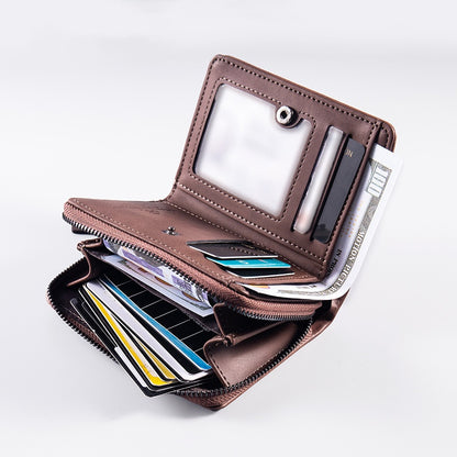 【Disponible en 4 colores】 Cartera de hombre de cuero genuino estilo retro, hecha a mano, con cremallera y ranura para varias tarjetas.