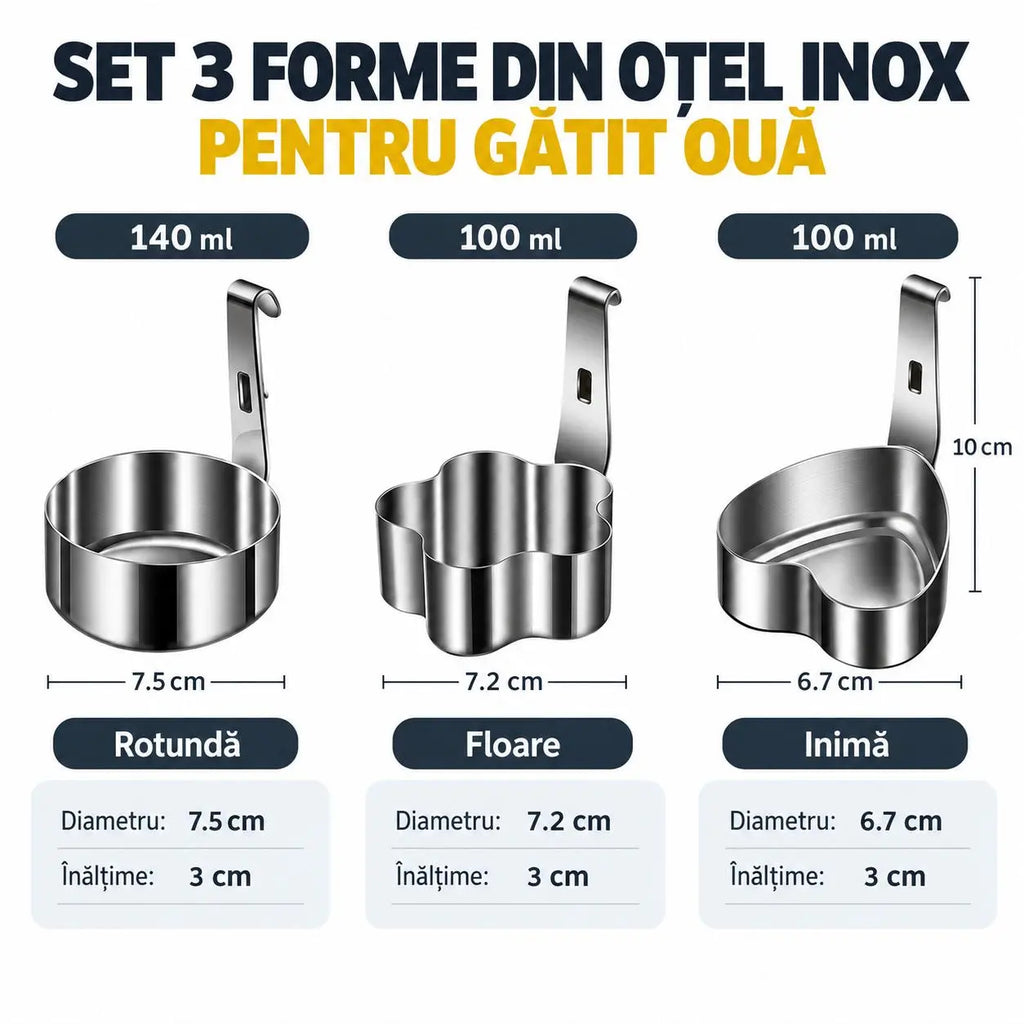 🍳 Set 3 Forme din Oțel Inoxidabil Al alimentar pentru Ouă Fierte – Micul Dejun Perfect și Amuzant! Fără Lipire, Mânere Anti-Opărire (Inimă, Florcică, Cerd)