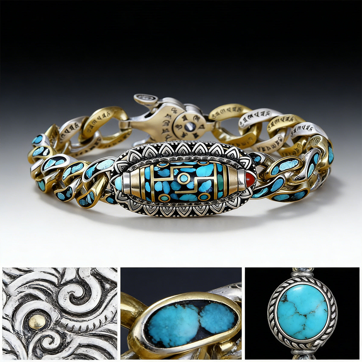 【Más vendido】Pulsera retro de plata 925, de seis cifras, turquesa, con mantras y cuentas transferibles