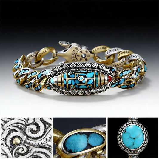 【Más vendido】Pulsera retro de plata 925, de seis cifras, turquesa, con mantras y cuentas transferibles