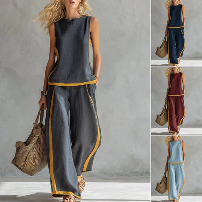 【Descuento】¡Nueva llegada de verano! 2026 Nuevo conjunto moderno de dos piezas para mujer: top sin mangas con detalles en contraste y pantalones de pierna ancha - Estilo veraniego, casual y chic.