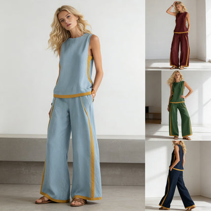 2026 Nuevo conjunto moderno de dos piezas para mujer: top sin mangas con detalles en contraste y pantalones de pierna ancha - Estilo veraniego, casual y chic.