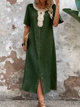 【S-3XL】Vestido de verano holgado para mujer con escote redondo, confeccionado en algodón puro y lino, con abertura.