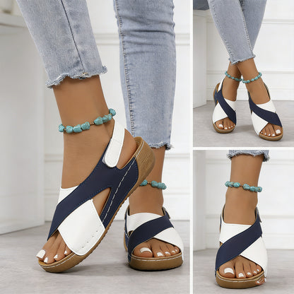 【¡Oferta!】【36-43】Sandalias de cuña en contraste de verano para mujer, cómodas sandalias con tiras en el tobillo, tejidas a mano, suaves y cómodas_E