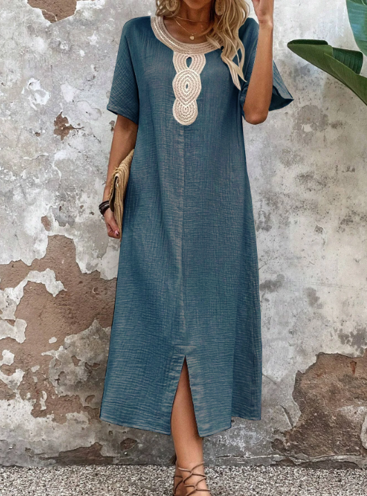 【S-3XL】Vestido de verano holgado para mujer con escote redondo, confeccionado en algodón puro y lino, con abertura.
