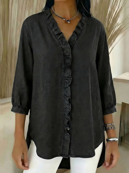 【40-100kg】Camisa vaquera informal para mujer con cuello en V y volantes