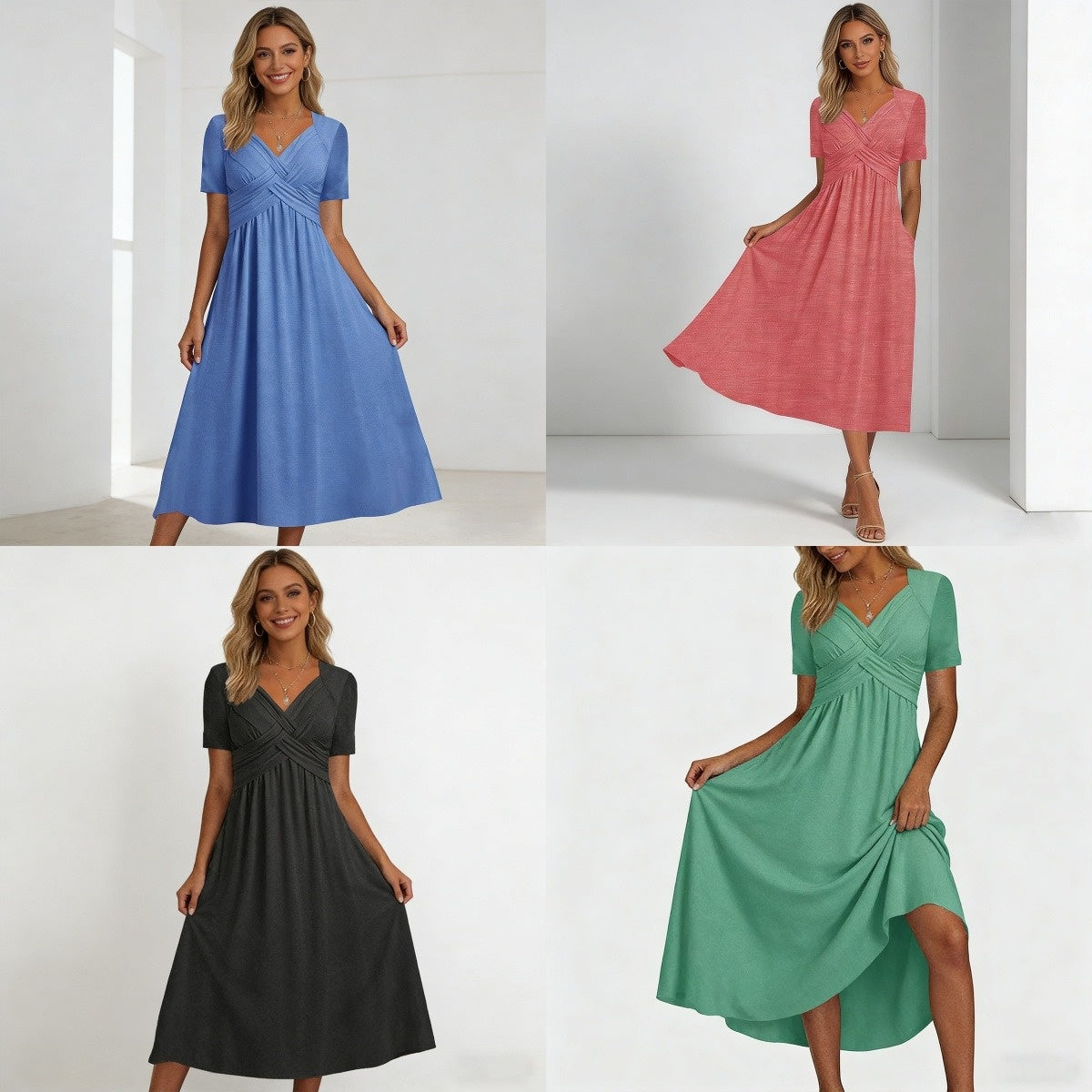 【S-3XL】2026 Vestido casual midi de color sólido Nuevo vestido suelto de manga corta de verano