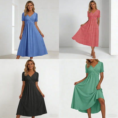 【S-3XL】2026 Vestido casual midi de color sólido Nuevo vestido suelto de manga corta de verano