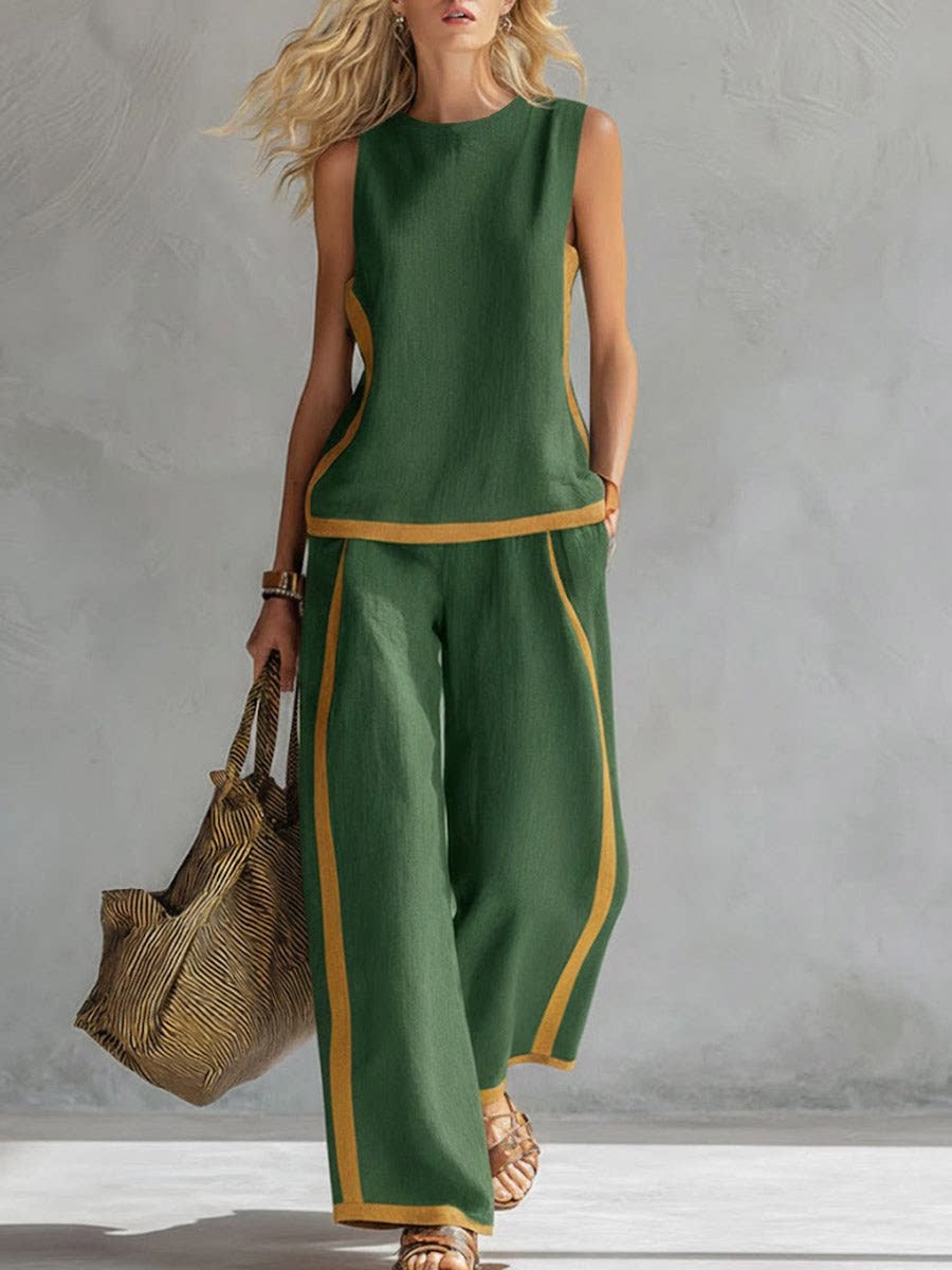 【Descuento】¡Nueva llegada de verano! 2026 Nuevo conjunto moderno de dos piezas para mujer: top sin mangas con detalles en contraste y pantalones de pierna ancha - Estilo veraniego, casual y chic.
