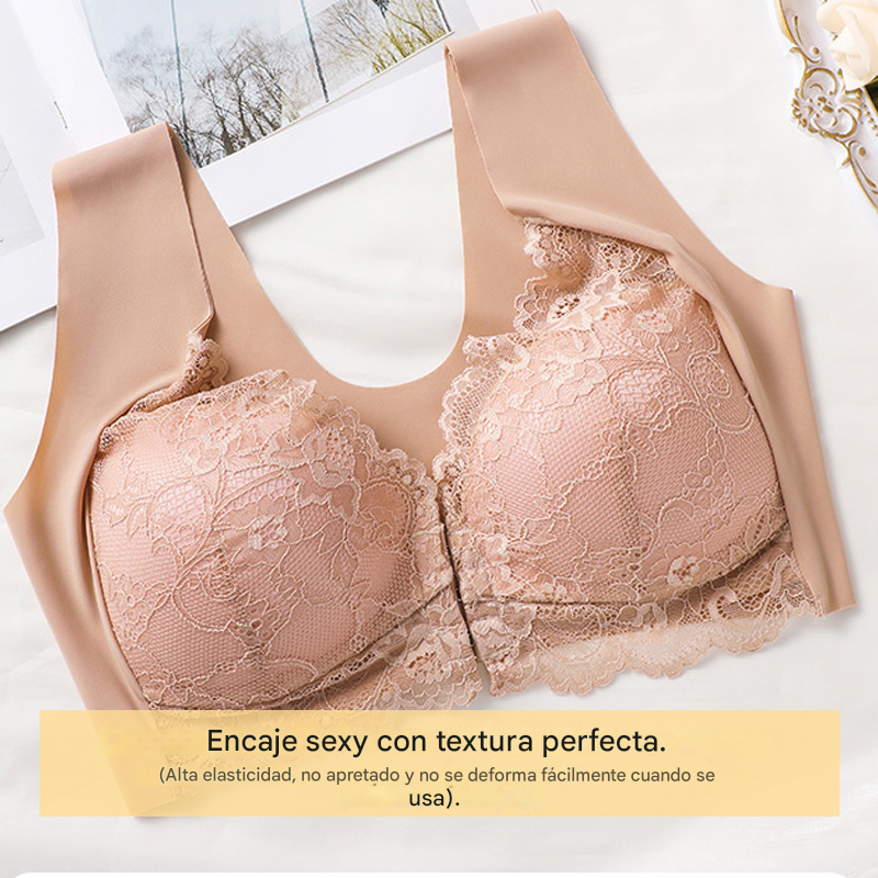 【Oferta】【Conjunto de 5 piezas】【40-100KG】Sujetador con efecto lifting y precioso encaje en la espalda, talla grande, con corte push-up y cierre frontal