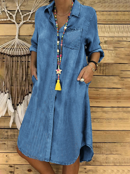 【S-5XL】Vestido vaquero informal de color liso para mujer, talla grande
